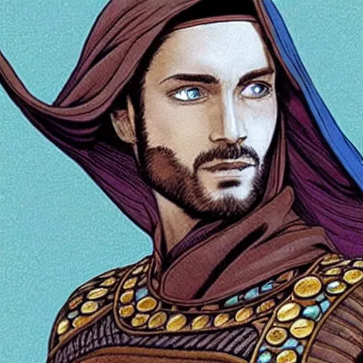 Image similar to paul atreides from dune, bright blue eyes, pensive, wearing still suit, sleek futuristic armor, cape, mughal art, farrukh beg, abd al - samad, mir sayyid ali.