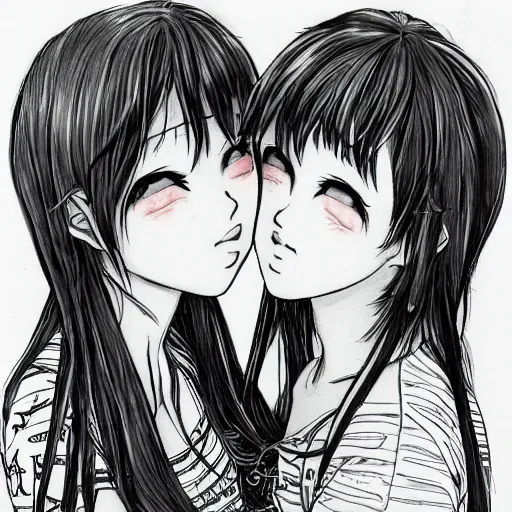 Image similar to portrait of two girls kissing, detailed manga art