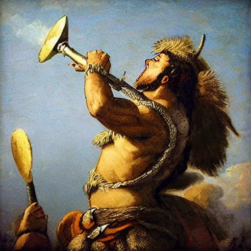 Prompt: “a barbarian blowing a horn while standing on top of a giant flying castle”