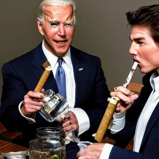 Image similar to stoned tom cruise and stoned joe biden smoking a bong together, award winning candid photography