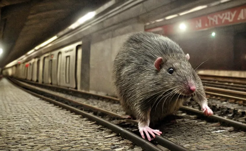 Prompt: very large giant mutant antropomorphic rat staying on railways in tonnel of moscow subway. extreme high detail. low light, scary atmosphere, darkness