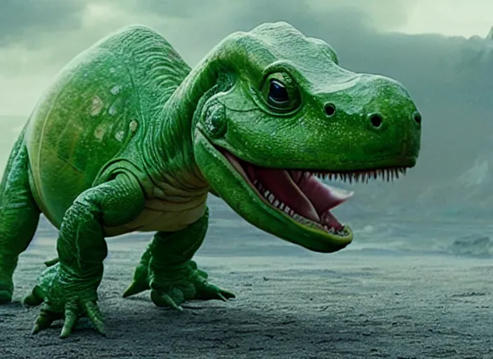 Prompt: film still of yoshi in the new sci - fi movie, cute upright dinosaur standing on its hind legs with a small turtle shell and long tongue, 8 k