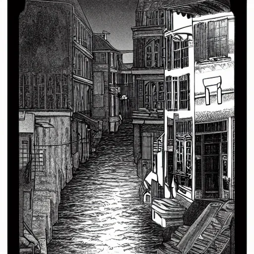 Image similar to water flowing through the streets in old city, sideview, drawing by moebius