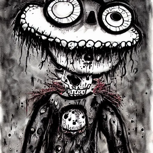 Prompt: dark art cartoon grunge drawing of a teddy bear with bloody eyes by tim burton - loony toons style, horror theme, detailed, elegant, intricate