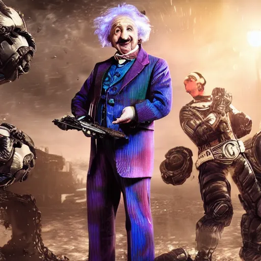 Image similar to albert einstein as willy wonka in gears of war, splash art, movie still, cinematic lighting, dramatic, octane render, long lens, shallow depth of field, bokeh, anamorphic lens flare, 8 k, hyper detailed, 3 5 mm film grain