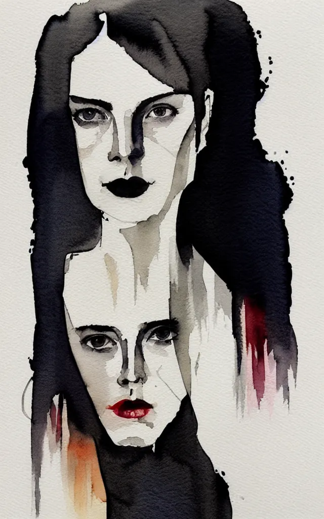 Prompt: beautiful face woman, symmetrical, grey, colorless and silent, watercolor portraits by Luke Rueda Studios and David downton