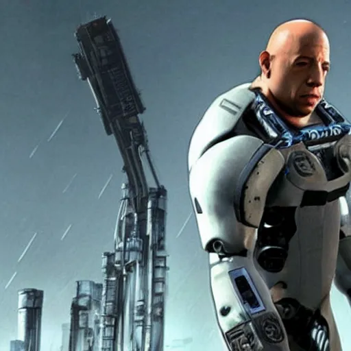 Image similar to Vin Diesel donning an HEV Mk. V suit starring in Half-Life 2