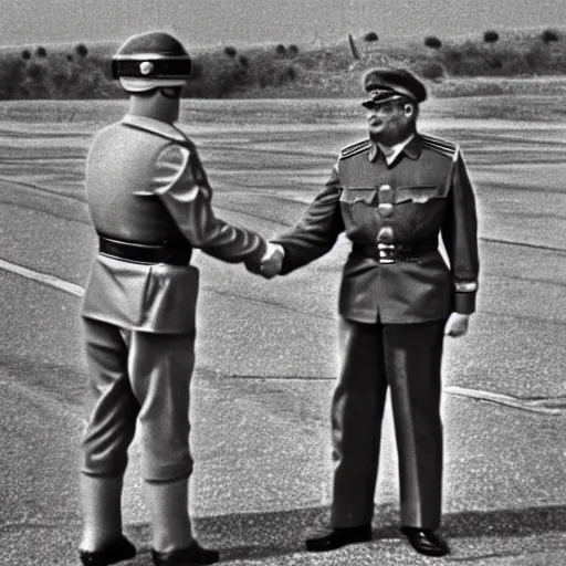Prompt: alien in military uniform shaking hands with stalin, top secret style, realistic photo, 1 9 7 0 s, color