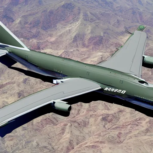 Image similar to boeing 7 4 7, weaponized, air to air missiles, minigun, military livery, combat ready