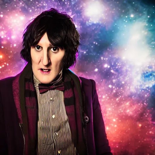 Prompt: Doctor Who played by Noel Fielding, cinematic photo, distance shot