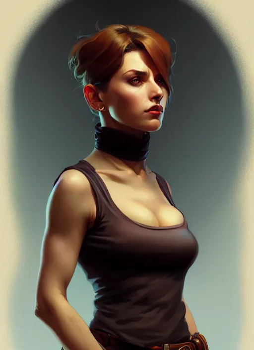 Prompt: portrait of a full body of beautiful female detective, d & d, sleeveless turtleneck, fantasy, flat lighting, intricate,, highly detailed, digital painting, artstation, concept art, smooth, sharp focus, illustration, art by simon bisley and greg rutkowski and alphonse mucha, natural tpose