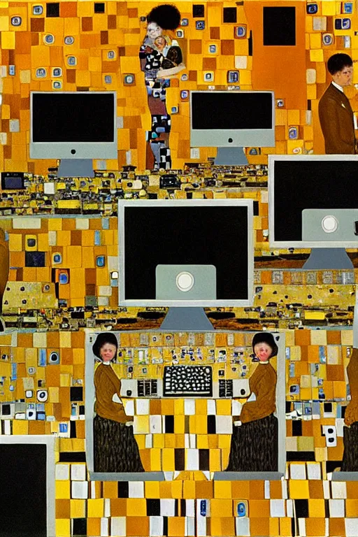 Image similar to oil painting highly detailed computer workers in office painted by gustav klimt