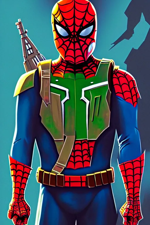 Image similar to spiderman inspired by boba fett, digital portrait art by josan gonzalez, epic lighting, intricate, d & d, fantasy, cyberpunk x renaissance