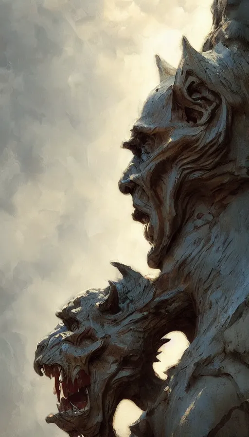 Image similar to wooden gargoyle profiles, paint texture, digital painting, highly detailed, artstation, sharp focus, sunlit, painted by ruan jia, raymond swanland, lawrence alma tadema, zdzislaw beksinski, norman rockwell, jack kirby, tom lovell, alex malveda, greg staples