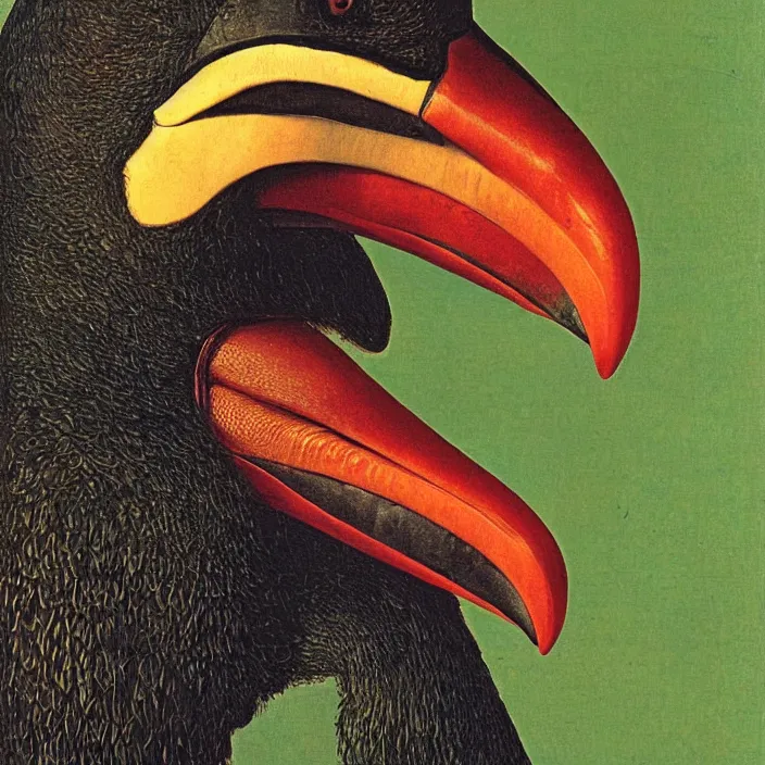 Prompt: close up portrait of a mutant monster creature with exotic toucan beak, twenty arachnid eyes, fair skin tone. by jan van eyck, walton ford