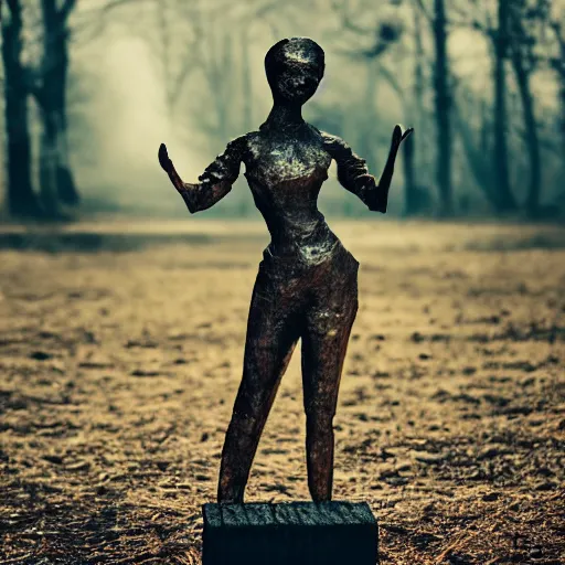 Image similar to a woman made out of metal who's rusting on her arms, 5 0 mm lens, f 1. 4, sharp focus, ethereal, emotionally evoking, head in focus, volumetric lighting, blur dreamy outdoor,