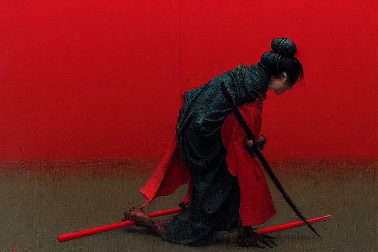 Image similar to only with red, a red samurai do seppuku, tokio, a lot of frogs watch, in the style of beksinski, parts by edward hopper, parts by rodcenko, parts by yue minjun, intricate and epic composition, red by caravaggio, insanely quality, highly detailed, masterpiece, red light, artstation, 4 k