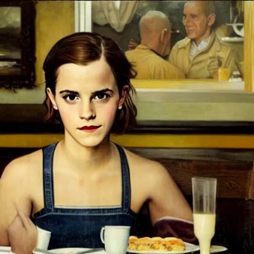 Image similar to Emma Watson at a diner, head and shoulders portrait, extremely detailed masterpiece, Roger Deakin’s cinematography, oil on canvas, Norman Rockwell.