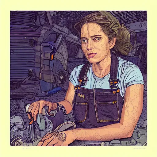 Prompt: “illustation of a woman sitting in a junkyard. Overalls and tools . Science fiction. Intricate digital painting. Art by Mœbius. Character portrait. Character design. Concept art. Symmetrical face. Detailed realistic face.”