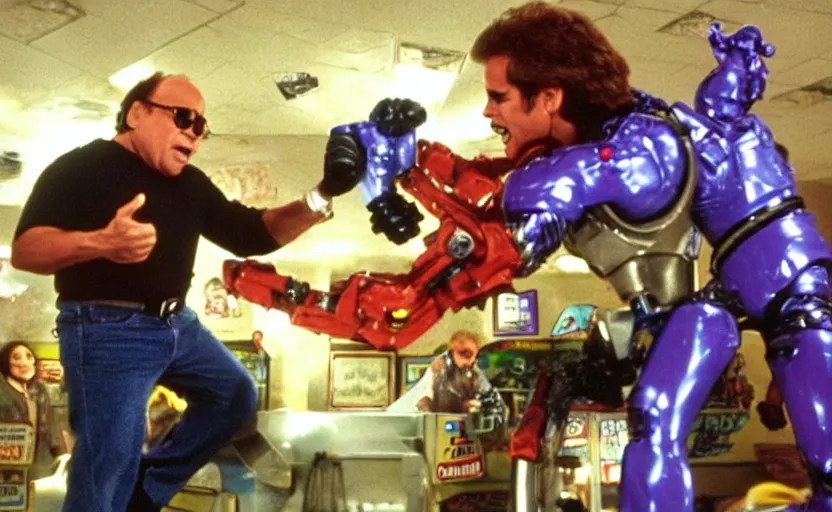 Image similar to the terminator fighting danny devito up in the chuck e cheese