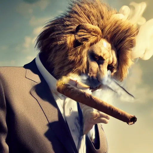 Image similar to a lion smoking a cigar wearing a suit, subject= lion, subject detail: wearing a suit, subject action: smoking a cigar, dramatic lighting, cinematic lighting, establishing shot, photorealistic, high details, cinematic, 8k resolution, extremly detailed, photorealistic, artstation, unreal engine