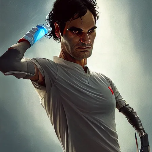 Image similar to cyborg roger federer as aeon flux profile picture by greg rutkowski, dynamic pose, intricate, futuristic, fantasy, elegant, by stanley artgerm lau, greg rutkowski, thomas kindkade, alphonse mucha, loish, norman rockwell,