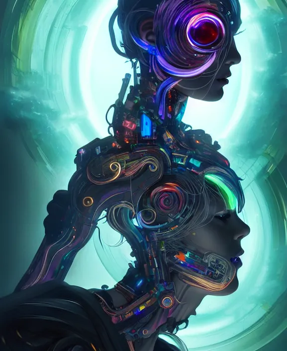 Image similar to a whirlwind of souls rushing inside the metaverse, half body, glowin eyes, android, cyborg, cyberpunk face, by loish, d & d, fantasy, intricate, elegant, highly detailed, colorful, vivid color, digital painting, artstation, concept art, art by artgerm and greg rutkowski and alphonse mucha and ruan jia