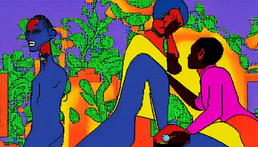 Image similar to beautiful still from retro snes arcade game featuring grace jones feeding her bioenhanced tamagotchi child, hyperreal detailed facial features and uv lighting, retro nintendo bitmap pixel art