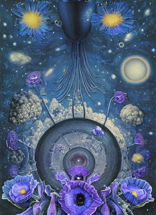 Image similar to detailed, intricate blue black and purple papaverum flower on the field, nebula, galaxy in the sky, winning award masterpiece, fantastically beautiful, illustration, aestheticly inspired, jacek yerka, upscale with anguissola sofonisba work, artstation, 8 k