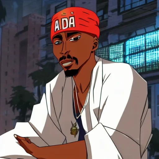 Image similar to Tupac Shakur, screenshot from a 2012s anime