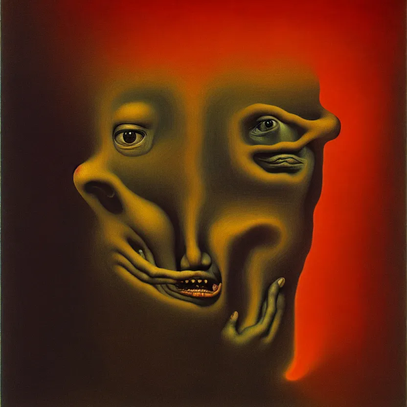 Image similar to a face coming out of a face coming out of a face, recursion, surreal, by salvador dali and zdzisław beksinski, oil on canvas, weird, dreams, fantasy, soft lighting, warm colors