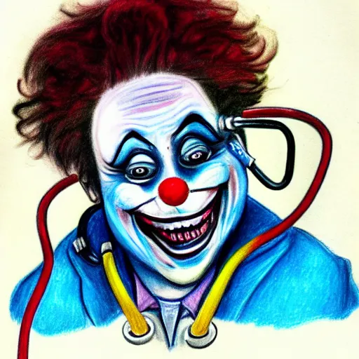 Prompt: a drawing of a clown with a stethoscope and blue shirt, face paint, a character portrait, trending on deviantart, neoplasticism, creepypasta, freakshow, macabre, white background