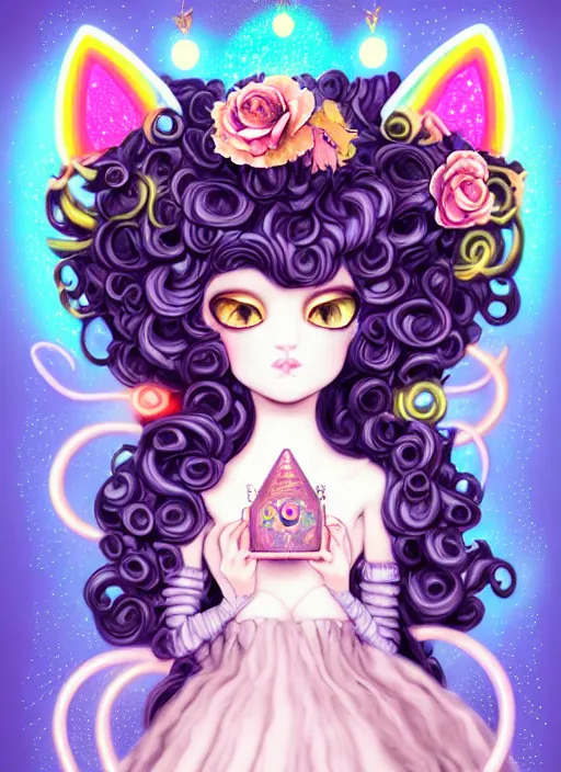 Image similar to dark fantastic illustration of beautiful cat girl witch with a robot, curls hair, rococo ruffles dress, rosette, symmetrical face, pastel rainbow, pearlescent, cute, fairy, rim light, by mai yoneyama, rolua, detailed background,, artstation, concept art, highly detailed, colorful, maximalist