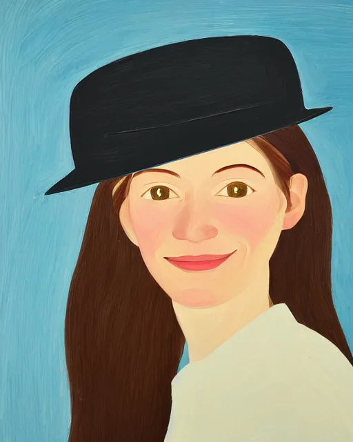 Prompt: portrait of a smiling young woman with hat, long hair, light background, by alex katz, close up