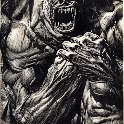 Image similar to hairy, thick muscled, overbearing, hungry, menacing, giant painted by bernie wrightson,