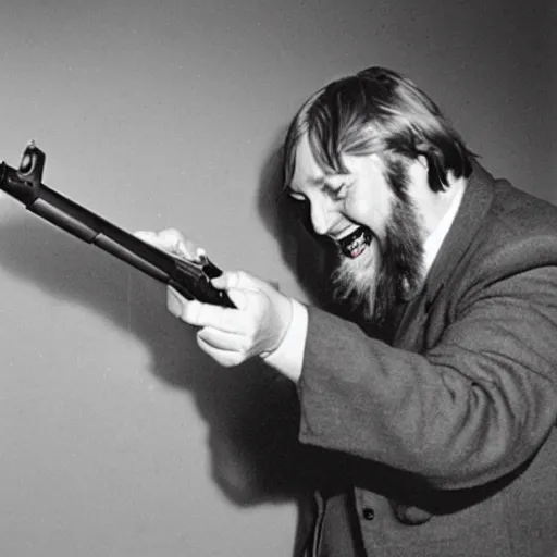 Prompt: robert wyatt laughing maniacally and shooting the viewer with his pistol