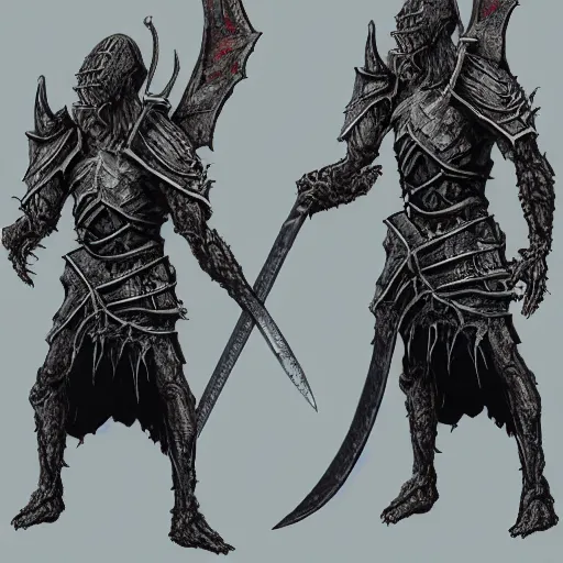 Prompt: Two headed goblin dark souls boss wielding a greatsword inside a decaying ancient fantasy temple. He wears silver armor, trending on artstation, dark fantasy, concept art
