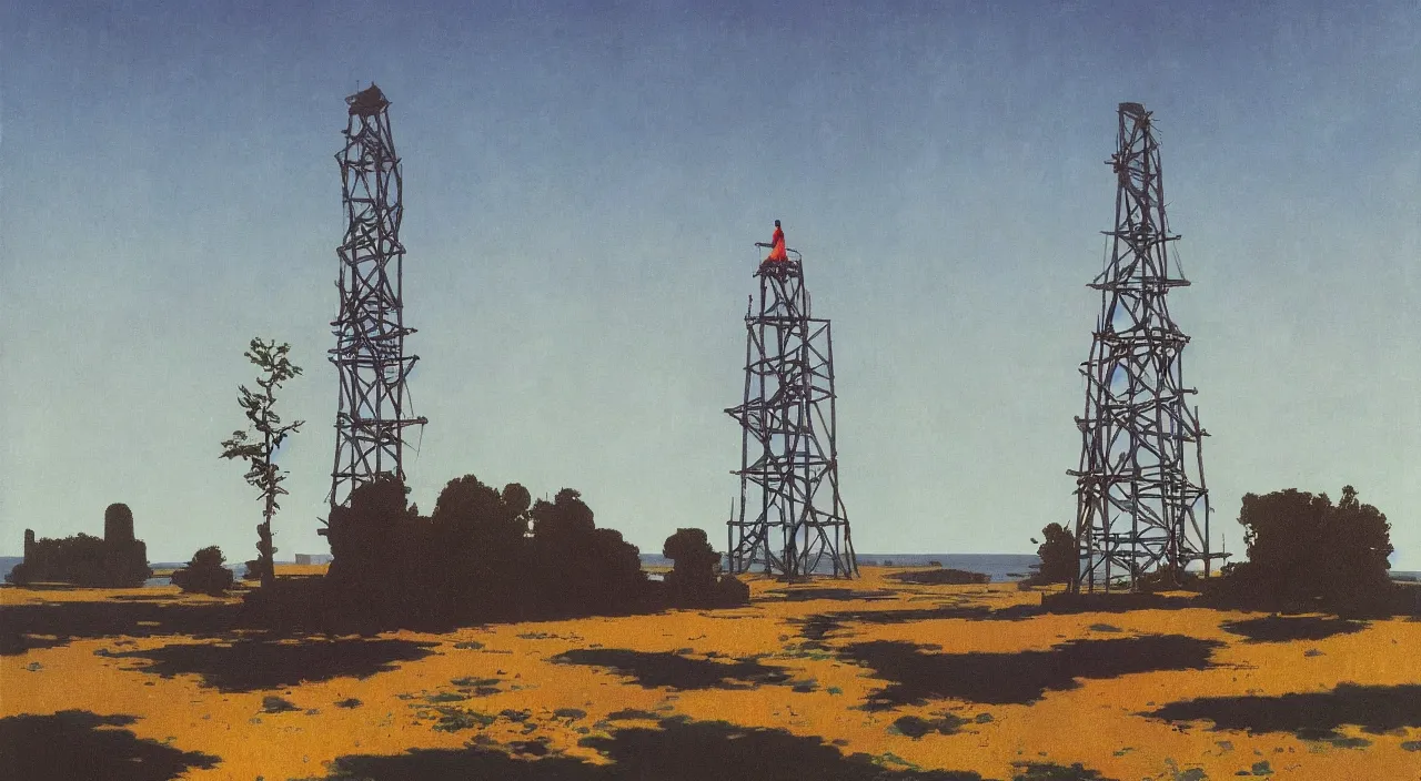 Image similar to single flooded simple ancient steel tower, very coherent and colorful high contrast!! masterpiece by rene magritte simon stalenhag carl spitzweg syd mead norman rockwell edward hopper james gilleard, minimalist, dark shadows, sunny day, hard lighting