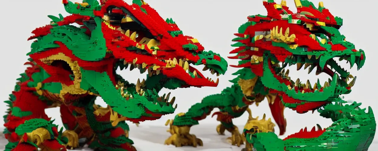 Prompt: Chinese beautiful dragon, with green and red scales, golden mask, sharp teeth, made of LEGO, in the style of LEGO