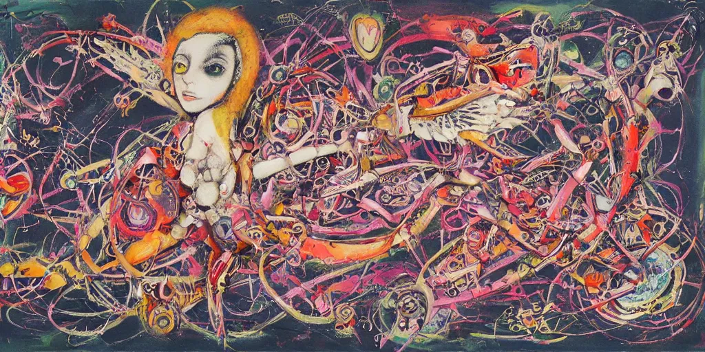 Image similar to biomechanical talisman of love, kawaii, elven, wings by maggi mcdonald, jackson pollock, mark rothko, sabina klein