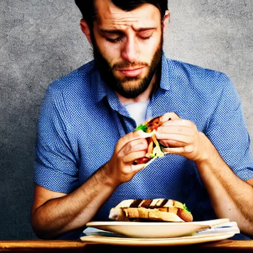 Image similar to a man eating a sandwhich while looking sad, realistic photo,