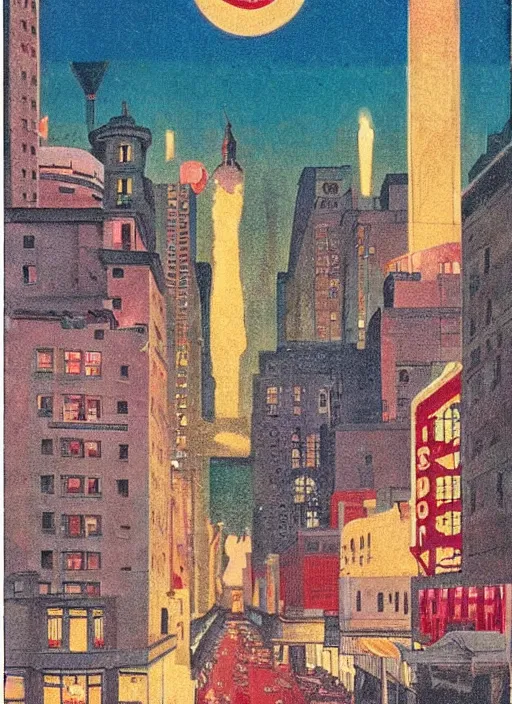Prompt: 1920s art deco by Tito Corbella, a massive downtown cityscape by Wes Anderson lights up the night by James Gatsby, vintage postcard