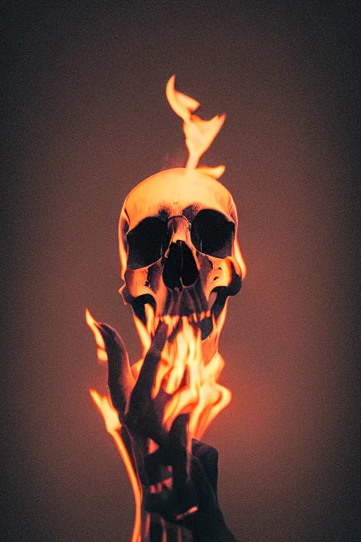 Image similar to photograph of a skull burning while being held up by a skeletal hand photorealistic, hyperdetailed, volumetric light, cinematic, f 8 aperture