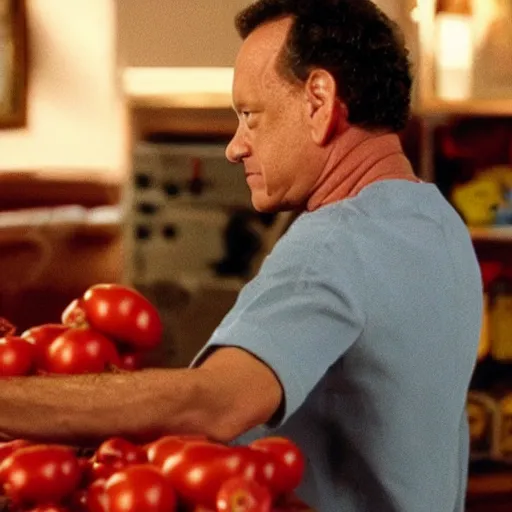 Image similar to still from a movie starring tom hanks with his nose made out of a tomato