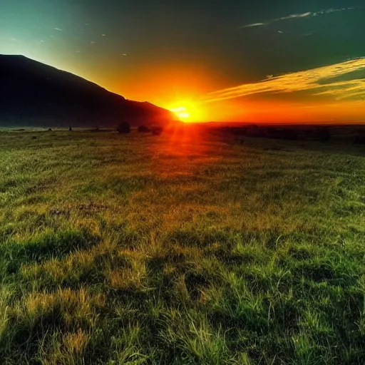 Prompt: sunset above plains and meadow, beautiful landscape, high detail, instagram photo, professional dslr photo, creative composition, beautiful composition