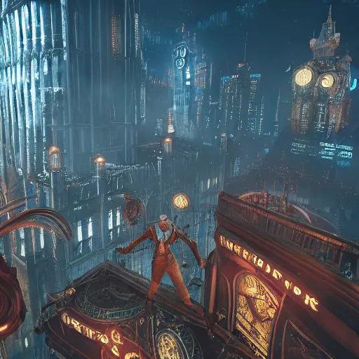 Image similar to high fantasy city rapture in the bioshock, tall towers, underwater city, dreamy magical, ultrarealistic, intricate detail, finely detailed, small details, extra detail, high resolution, volumetric lighting, octane render, 8 k