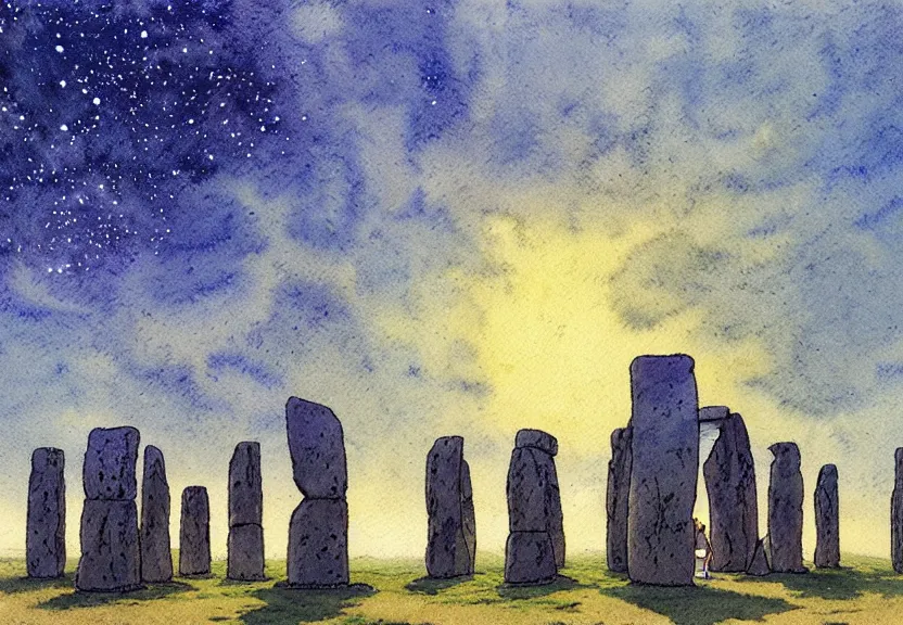 Image similar to a simple watercolor studio ghibli movie still fantasy concept art of a giant native american man standing in stonehenge in the ocean. it is a misty starry night. by rebecca guay, michael kaluta, charles vess