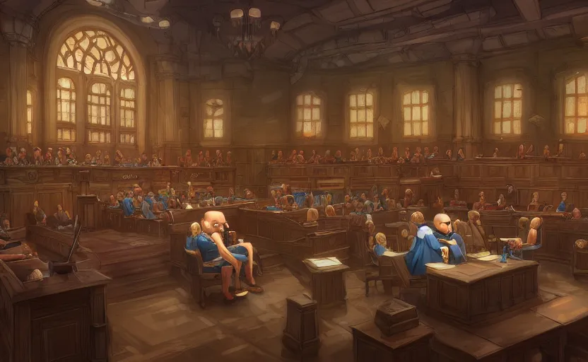 Prompt: the courtroom, in the center is a bald man in a skirt, no blur, 4 k resolution, ultra detailed, style of marc simonetti, tyler edlin, deviantart