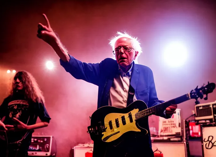 Image similar to publicity photo still of bernie sanders in a punk band playing live on stage, 8 k, live concert lighting, mid shot