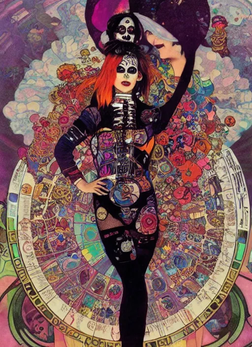 Prompt: cute punk goth fashion fractal Día de los Muertos tattooed girl posing in a space suit, psychedelic poster art of by Victor Moscoso Rick Griffin Alphonse Mucha Gustav Klimt Ayami Kojima Amano Charlie Bowater, masterpiece